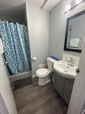 a bathroom with a toilet and a sink at Cute Highland Park Entire Unit A in Calgary