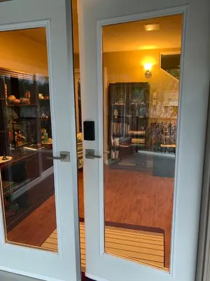a sliding glass door with a view of a room at Shoreside Private room in Sechelt