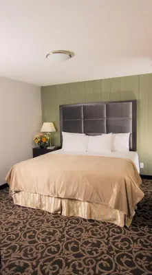 a bedroom with a large bed with a large headboard at Paradise Inn and Suites Redwater in Redwater
