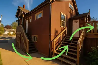 a house with green arrows pointing to the front of it at Charming 