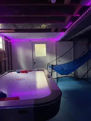 a room with a bed and a net and purple lights at Home in West Vancouver in West Vancouver