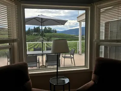 a window with a view of a patio with an umbrella at D'Angelo Winery Farm House in Penticton