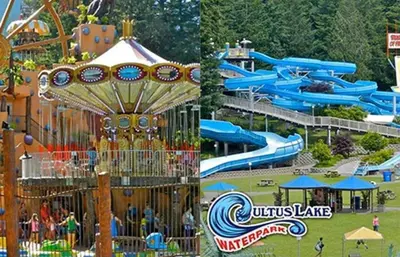 two pictures of a water park with a roller coaster at Spacious 2BR Near HWY 1-Heritage Park - Cultus Lake -Fishing! in Chilliwack