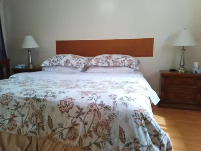 a bedroom with a bed with a floral bedspread and two lamps at Cozy Red Deer Suite for 3 in Red Deer
