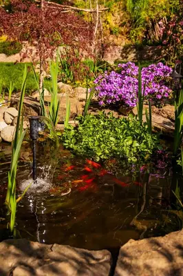 a pond with a water fountain in a garden with flowers at Sungate on Salt Spring - Luxurious Suite with Cedar Hot Tub & View in Salt Spring Island