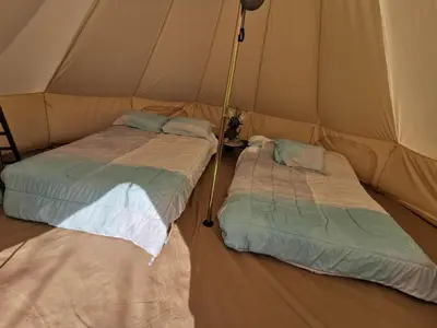 two beds sitting inside of a tent at #Y4 Aurora Haven Yurt in Drumheller