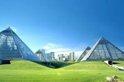 a view of the pyramids of a building with a city in the background at Bright Modern Suite - Netflix - WiFi - Long Stays in Edmonton