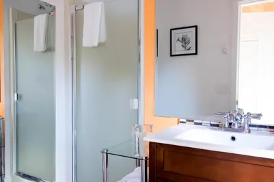 a bathroom with a sink and a shower at Armand Heights in Ganges