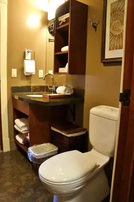 a bathroom with a toilet and a sink at Gracie's Place Business license 11787 in Canmore