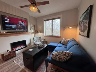 a living room with a blue couch and a tv at Cowichan Valley Guest Cottage in Ladysmith