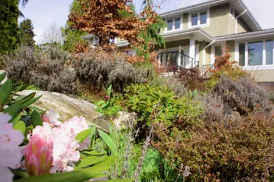 a house with a garden with flowers in front of it at Welcome Home in North Vancouver