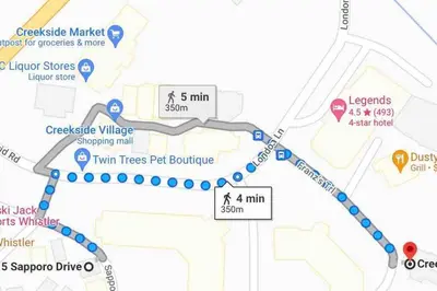 a map of the freeway at Ski nest 5m to Creekside Gondola in Whistler