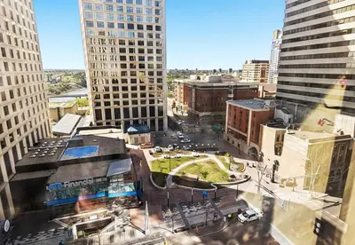 an aerial view of a city with tall buildings at 2 Full Beds, Rogers Place Downtown Central, Memorable 1 Bedroom Condo in Edmonton
