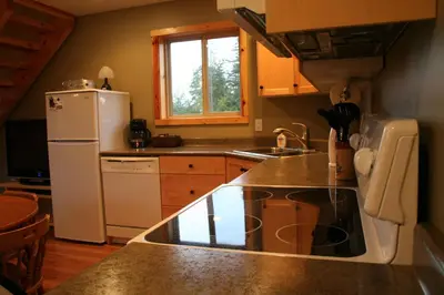 a kitchen with a white refrigerator and a sink at Cabins West in Ucluelet