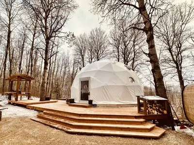 a dome tent on a platform in a forest at Refuge Bay's Aer XL Dome Luxury Off Grid Escape in Cherhill