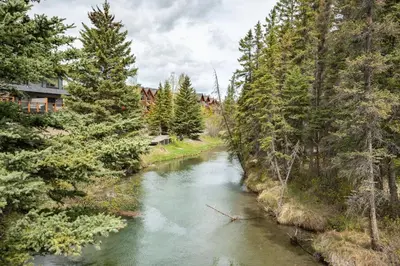 a river in the middle of a forest at Timberstone Condo by Canadian Rockies Vacation Rentals in Canmore