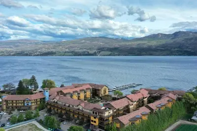 an aerial view of a resort next to a body of water at Condo at Barona Beach Lakeside Resort in West Kelowna