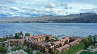 an aerial view of a resort by the water at Condo at Barona Beach Lakeside Resort in West Kelowna