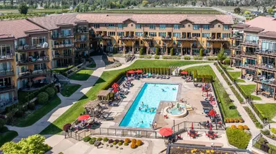 an aerial view of a pool at a resort at Condo at Barona Beach Lakeside Resort in West Kelowna