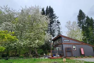 a small house in the middle of a yard at Tiny House with Hot Tub, close to golf and skiing!! in Oyster Bay