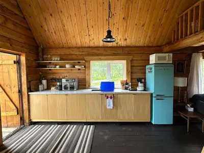 a kitchen with a blue refrigerator in a cabin at Dry Log Cabin with Mountain Views in Upper Laberge