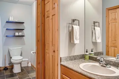 a bathroom with a toilet and a sink at Snowy Creek by Okanagan Premier in Big White