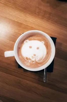 a cup of cappuccino with a drawing of a lion on top at Gravity Haus Revelstoke in Revelstoke