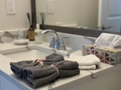a kitchen counter with towels on a sink at Home In Vancouver in Richmond