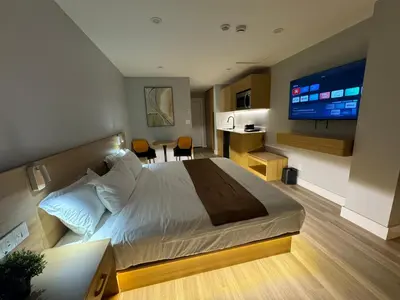 a bedroom with a large bed and a television at InnTowne Motel II in Hope
