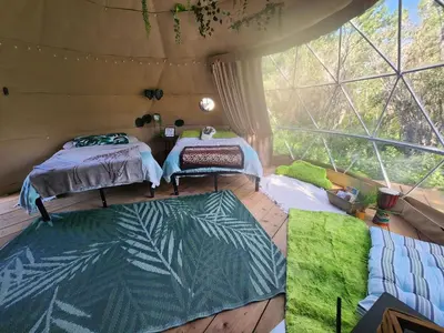 a room with two beds in a tent with windows at D3 Rainforest Getaway Dome- 2Dbl beds in Drumheller