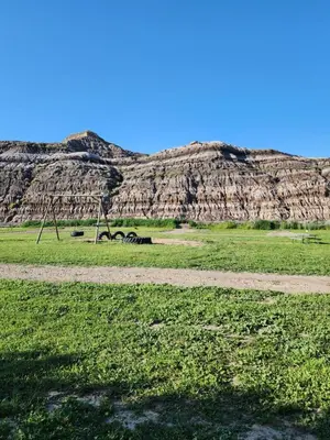 a grassy field with a mountain in the background at D5 Nordic Nook - 1 King Suite in Drumheller