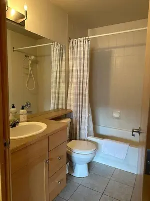 a bathroom with a toilet and a sink and a shower at W463 Canmore 2BD 2BT, AC, MT view, Central Location in Canmore
