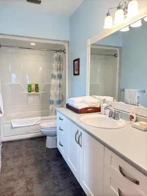 a bathroom with a sink and a toilet and a mirror at Blue House in Gibsons