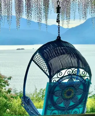 a blue bird cage hanging from a tree at Blue House in Gibsons