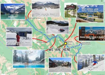 a collage of pictures with a map of a ski resort at B111 Hot tub, ACx3, parking, coin laundry, near Banff in Canmore