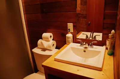 a bathroom with a sink and a toilet at Rustic Woodland Cabin at Beaverfoot in Parson