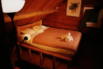 a bedroom with a bed in a log cabin at Rustic Woodland Cabin at Beaverfoot in Parson