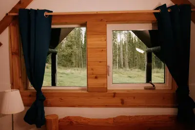 a window with blue curtains in a room at Rustic Basic Cabin at Beaverfoot in Parson