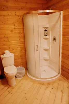 a bathroom with a shower and a toilet in a room at Rustic Basic Cabin at Beaverfoot in Parson