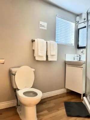 a bathroom with a toilet and a sink and towels at James house J&J Chilliwack in Chilliwack