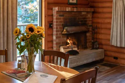 a table with a vase of sunflowers and a fireplace at Cusheon Lake Resort in Ganges