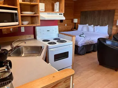 a small kitchen with a sink and a bed in a room at Bear Cove Cottages in Port Hardy