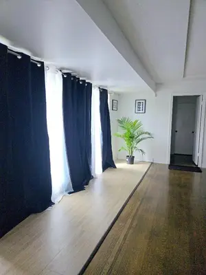 an empty room with blue curtains and a potted plant at Comfy Stylish Room in the Heart of Vancouver- Private Parking, Self Check-in & just 4 mins to Metrotown! in Vancouver