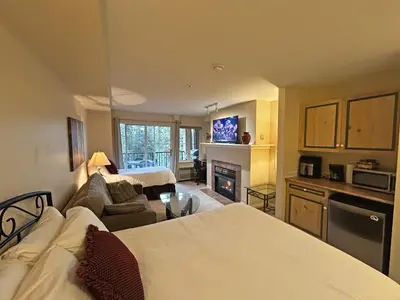 a living room with a couch and a fireplace at Borgata Lodge Resort in Kelowna