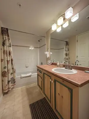 a bathroom with a sink and a mirror and a tub at Borgata Lodge Resort in Kelowna