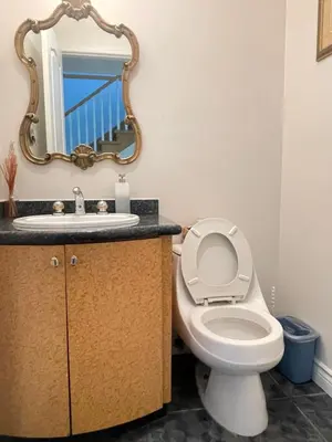 a bathroom with a toilet and a sink and a mirror at Cozy Guest Rooms Near UBC, Downtown and Beaches in Vancouver