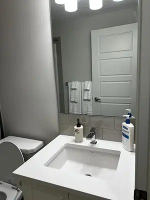a bathroom with a sink and a toilet and a mirror at The Haven - cozy 1 bedroom suite in Seton SE Calgary in Calgary