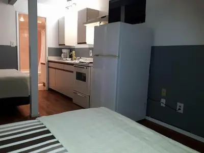 a small kitchen with a white refrigerator in a room at Falcon Nest Motel in Duncan