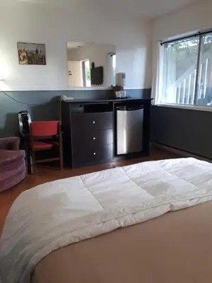 a bedroom with a bed and a desk and a window at Falcon Nest Motel in Duncan