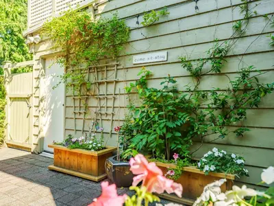 a garden with flowers and plants on the side of a house at Ferry Walk House in West Vancouver